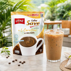 FITNÉ Coffee Save pouch with a glass of iced coffee
