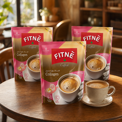 FITNÈ Collagen and Vitamin C coffee bundle of three 10-sachet packs in a warm café setting