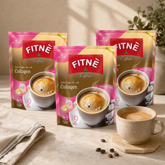 Three 10-sachet packs of FITNÈ Collagen and Vitamin C instant coffee beside a prepared cup