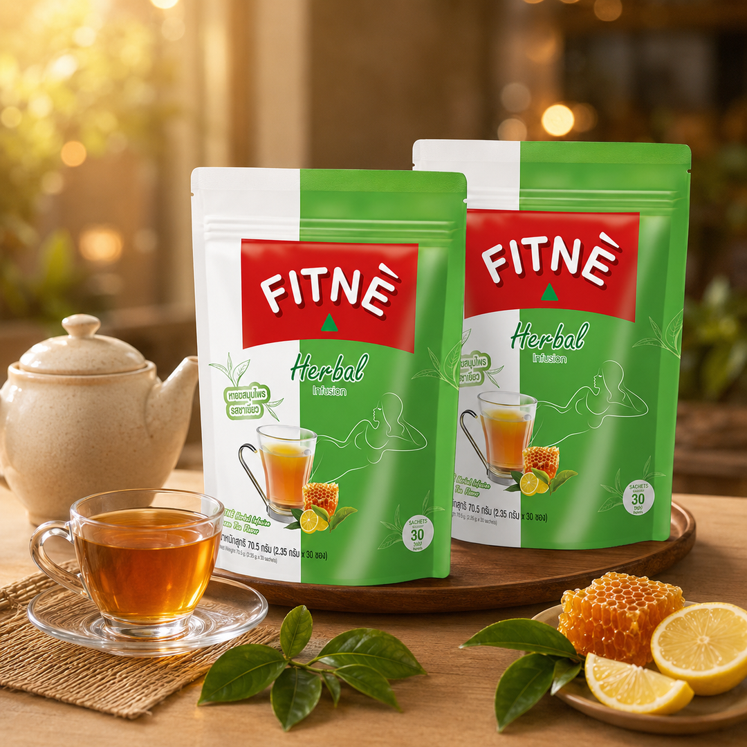 FITNÉ Herbal Green Tea Infusion two-pack bundle in a warm honey lemon tea setting