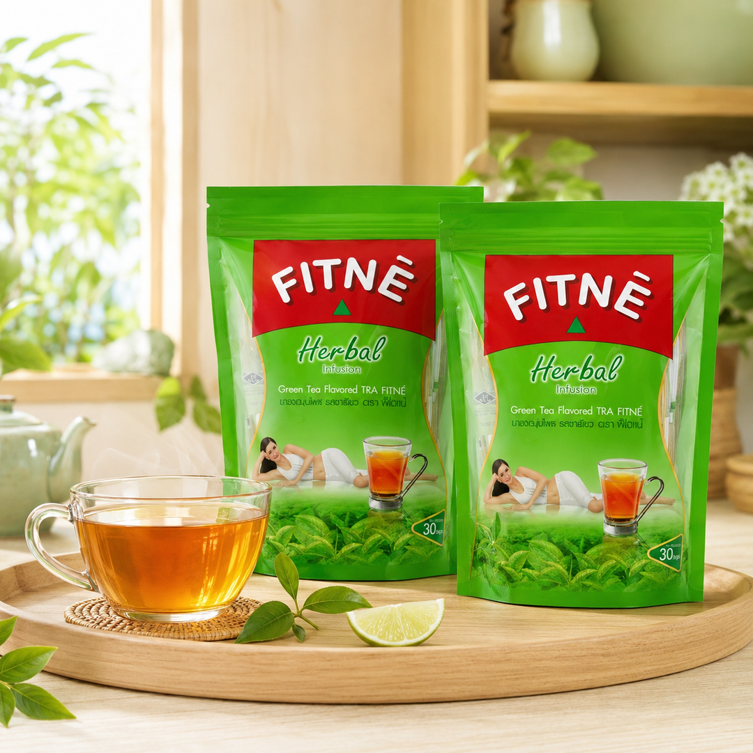 Two 30-bag packs of FITNE Herbal Green Tea Infusion with a glass cup of tea
