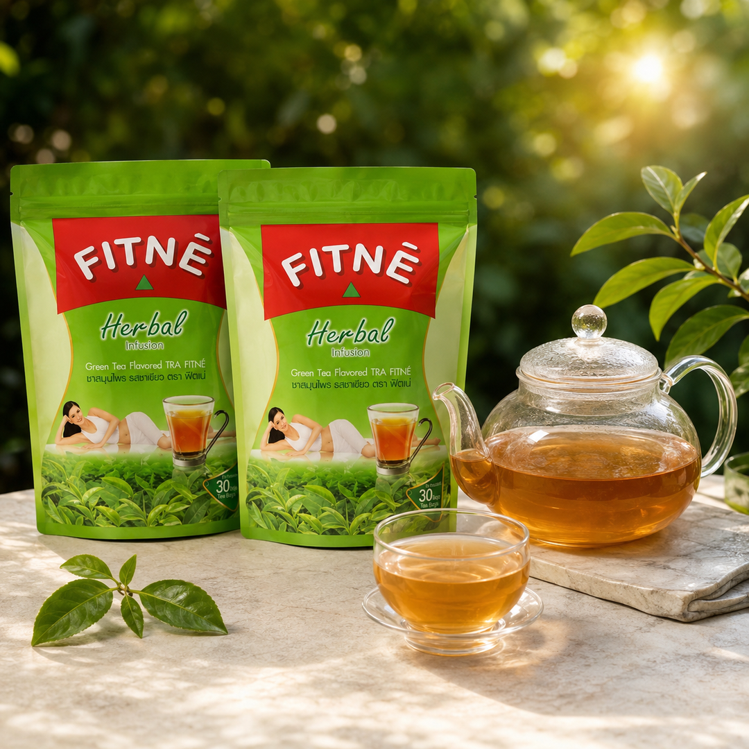 FITNE Herbal Green Tea Infusion 2-pack bundle with glass teapot and tea cup