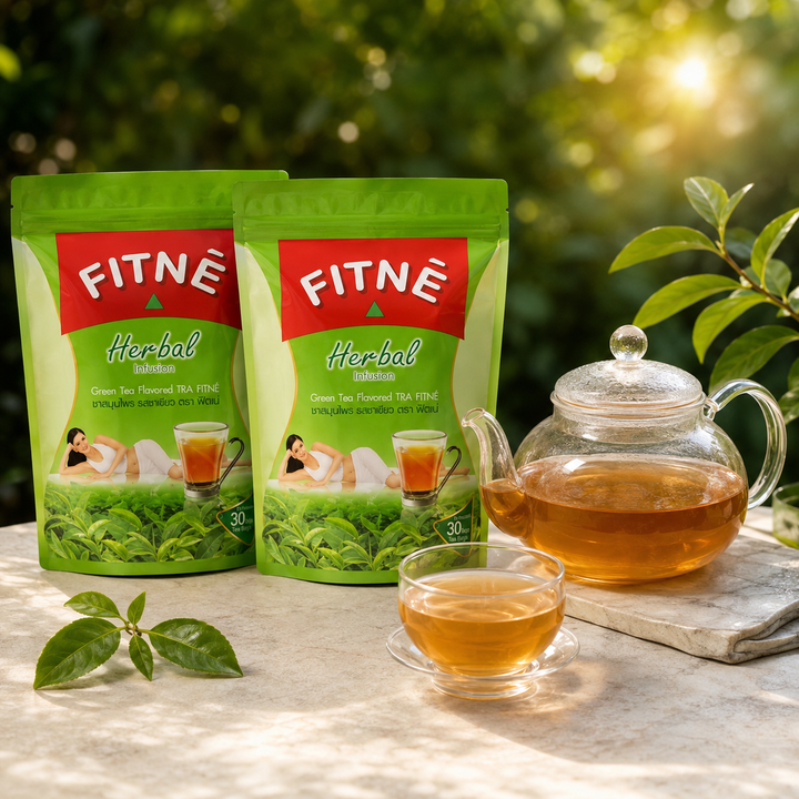 FITNE Herbal Green Tea Infusion 2-pack bundle with glass teapot and tea cup