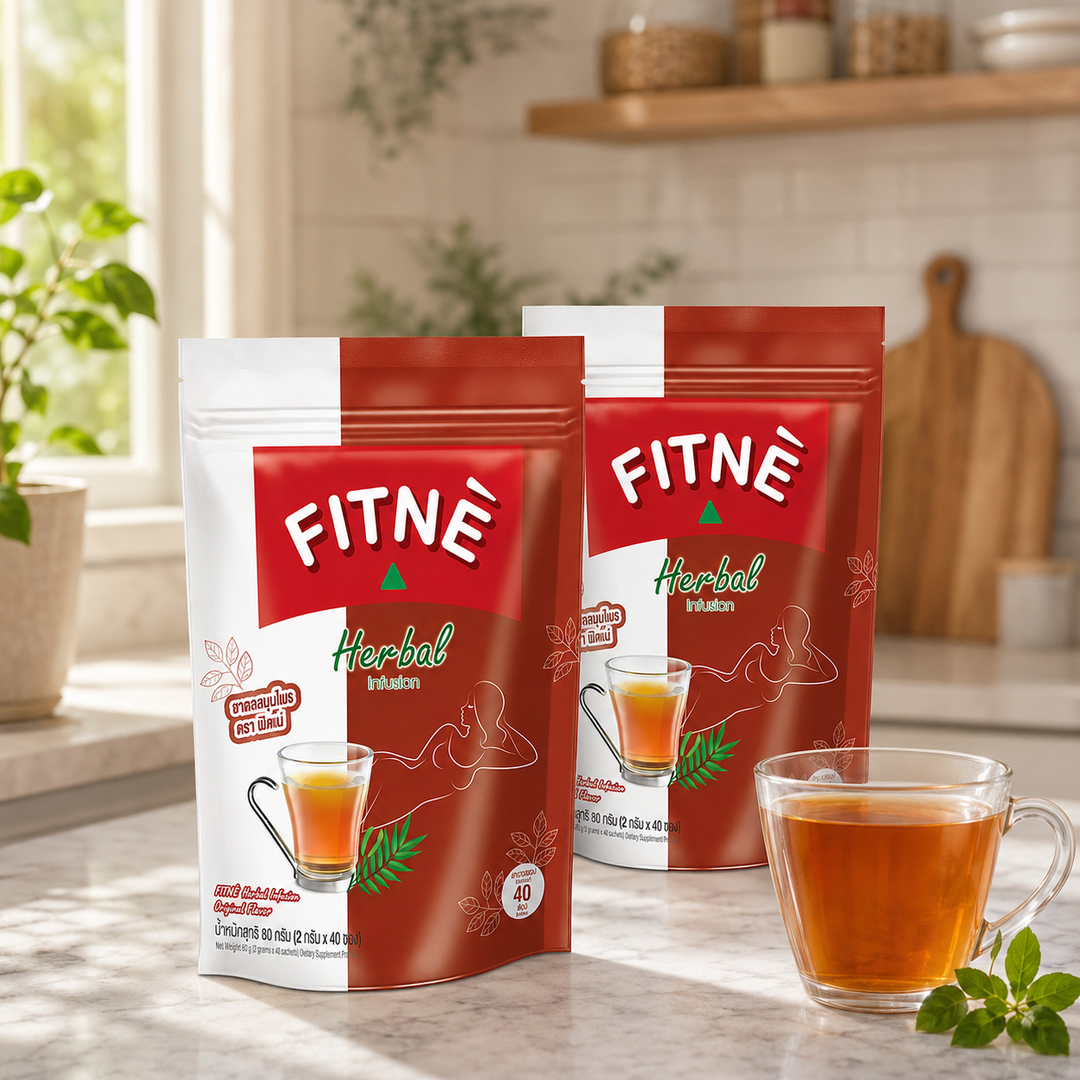 Two 40-sachet packs of FITNÉ Herbal Infusion Original with a prepared glass of herbal tea