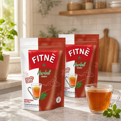 Two 40-sachet packs of FITNÉ Herbal Infusion Original with a prepared glass of herbal tea