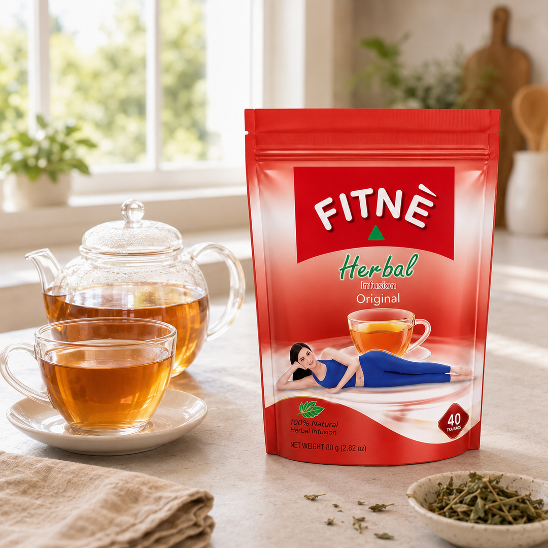 FITNÉ Original Herbal Infusion pouch with a glass teapot and cup of herbal tea