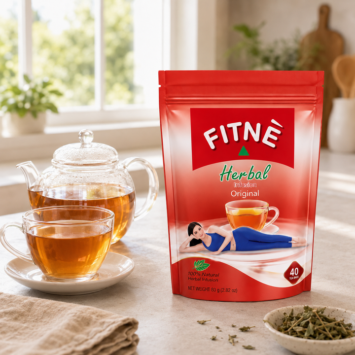 FITNÉ Original Herbal Infusion pouch with a glass teapot and cup of herbal tea