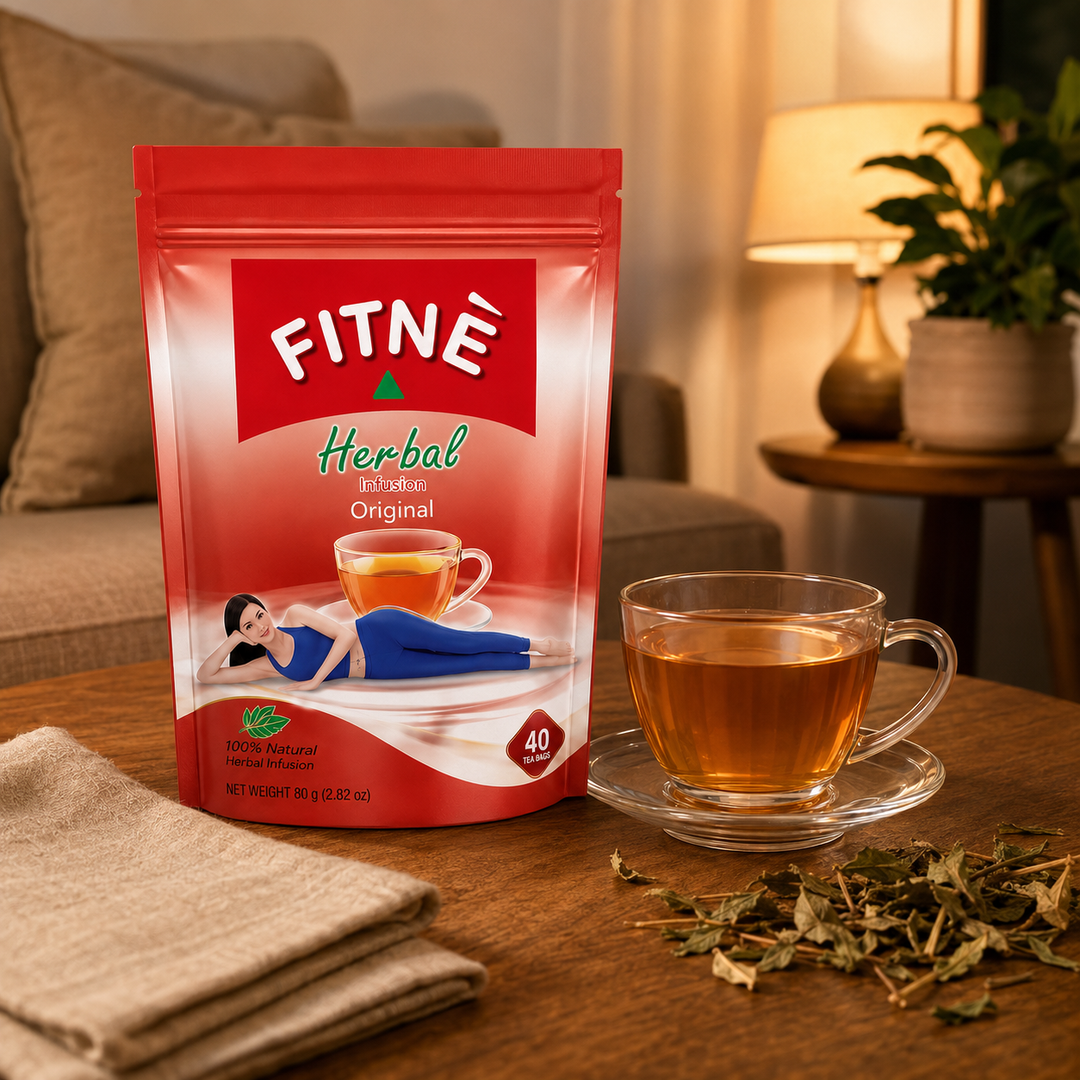 FITNÉ Original Herbal Infusion 40 tea bag pouch beside a cup of amber herbal tea