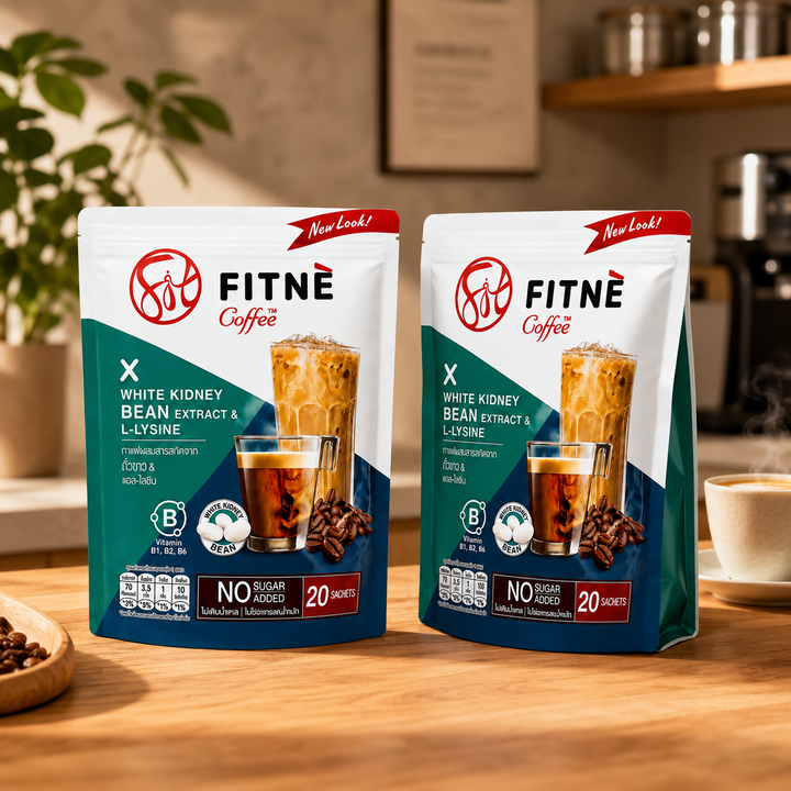 Two FITNÉ White Kidney Bean Coffee 20-sachet packs in a warm café setting