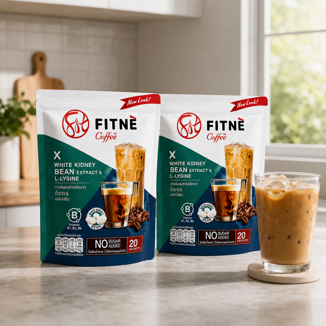 Two FITNÉ White Kidney Bean Coffee 20-sachet packs with iced coffee in a bright kitchen