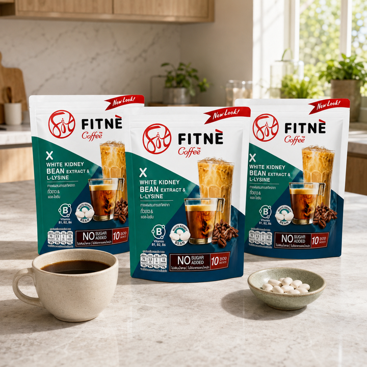 Three packs of FITNE White Kidney Bean Extract and L-Lysine Coffee with prepared coffee in a bright kitchen