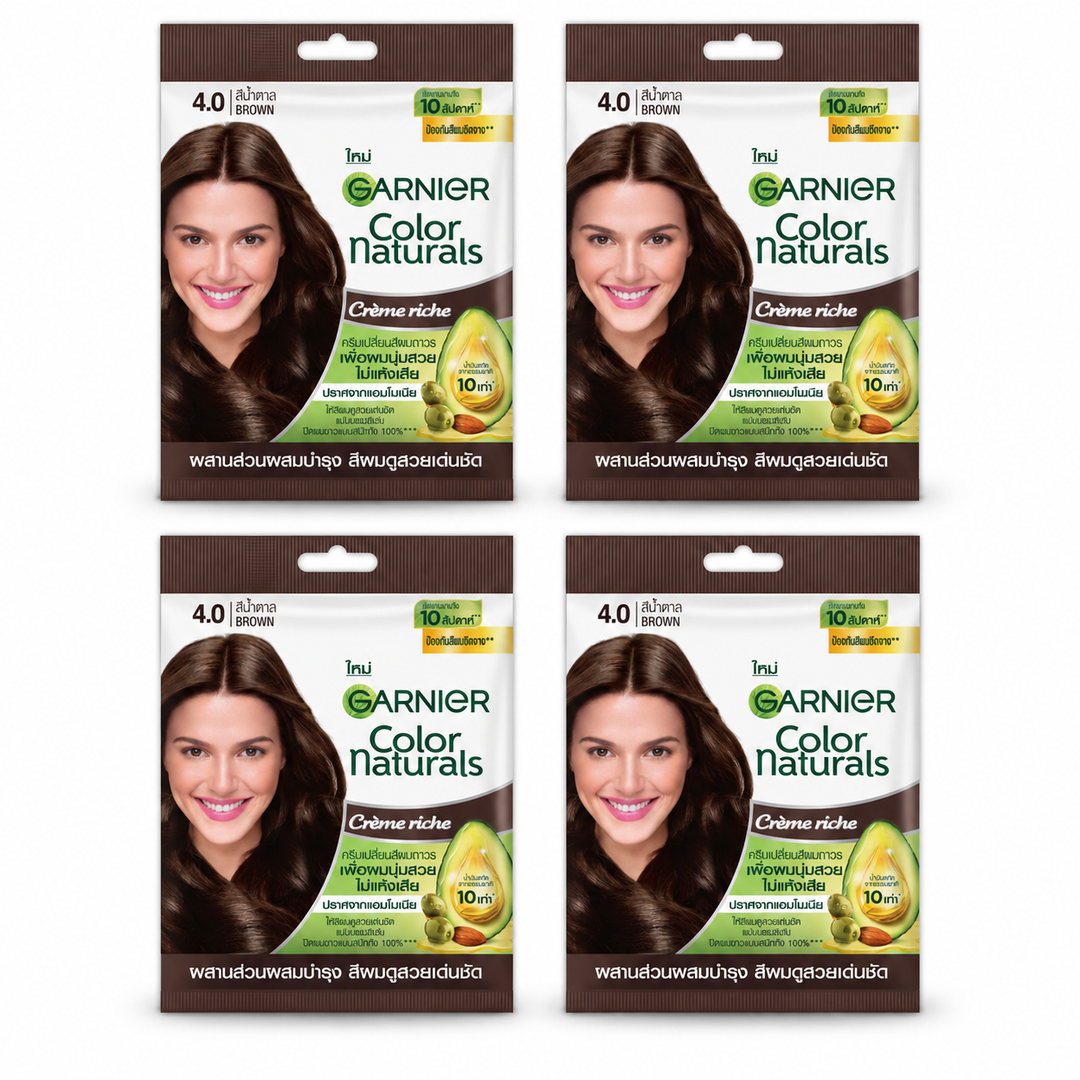 Garnier Color Naturals Crème Riche 4.0 Brown 30 g Colourant + 30 ml Developer – 4 Kits — exactly 4 sealed retail units on white