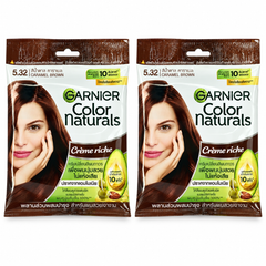 Garnier Color Naturals Crème Riche 5.32 Caramel Brown 30 g Colourant + 30 ml Developer – 2 Kits — exactly 2 sealed retail units on white