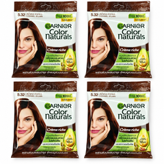 Garnier Color Naturals Crème Riche 5.32 Caramel Brown 30 g Colourant + 30 ml Developer – 4 Kits — exactly 4 sealed retail units on white