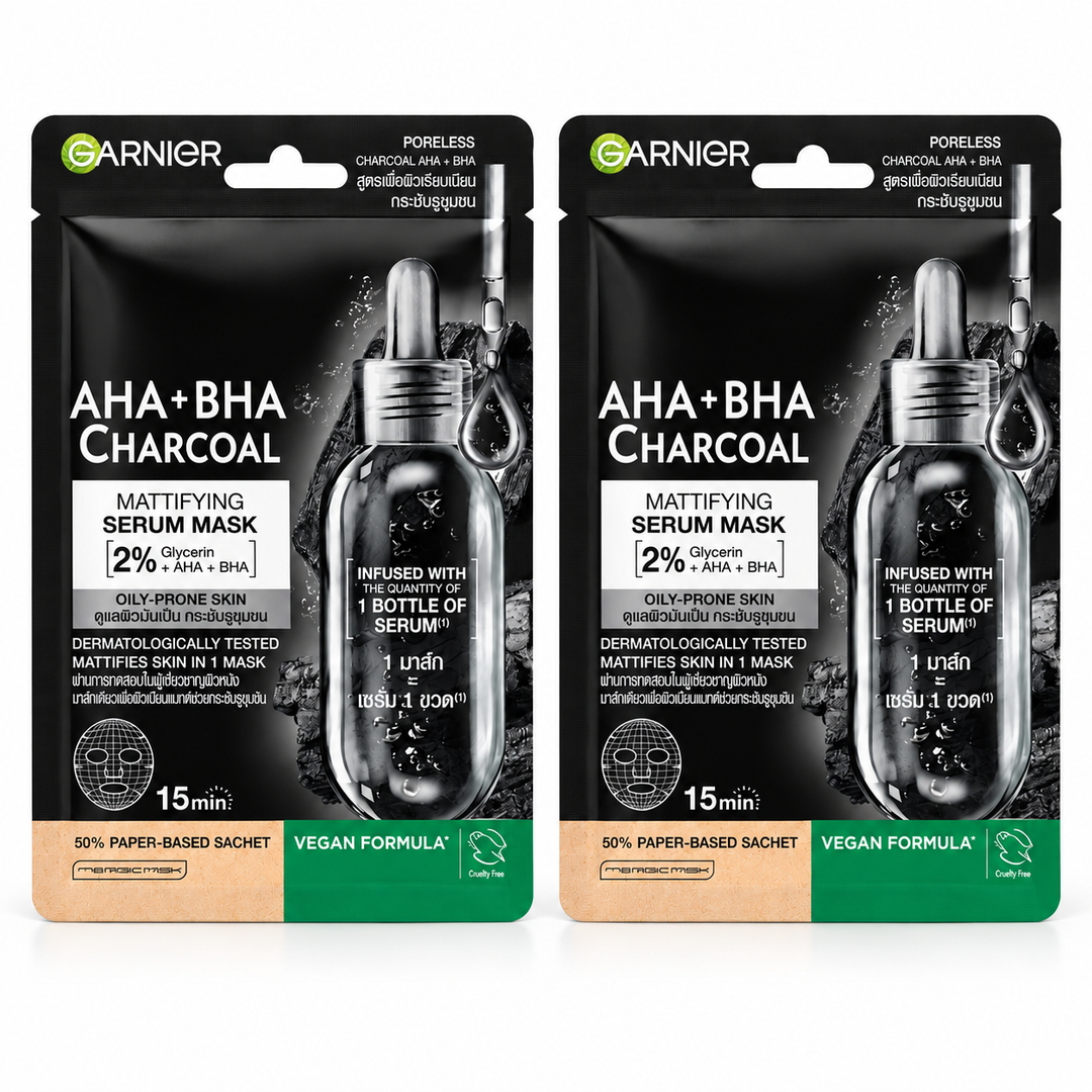 Garnier AHA+BHA Charcoal Mattifying Serum Mask 28 g – 2 Sachets