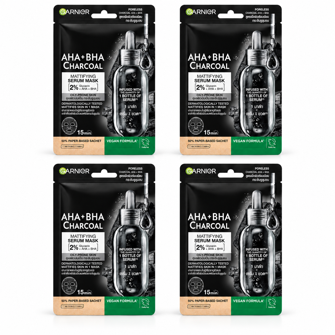 Garnier AHA+BHA Charcoal Mattifying Serum Mask 28 g – 4 Sachets