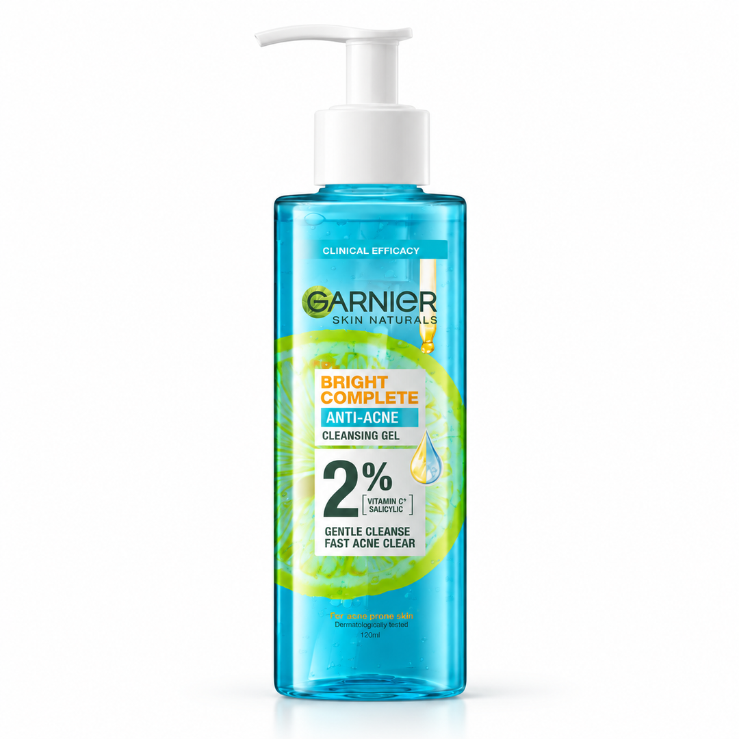 Garnier Bright Complete Anti-Acne Gel Wash 120 ml on white background