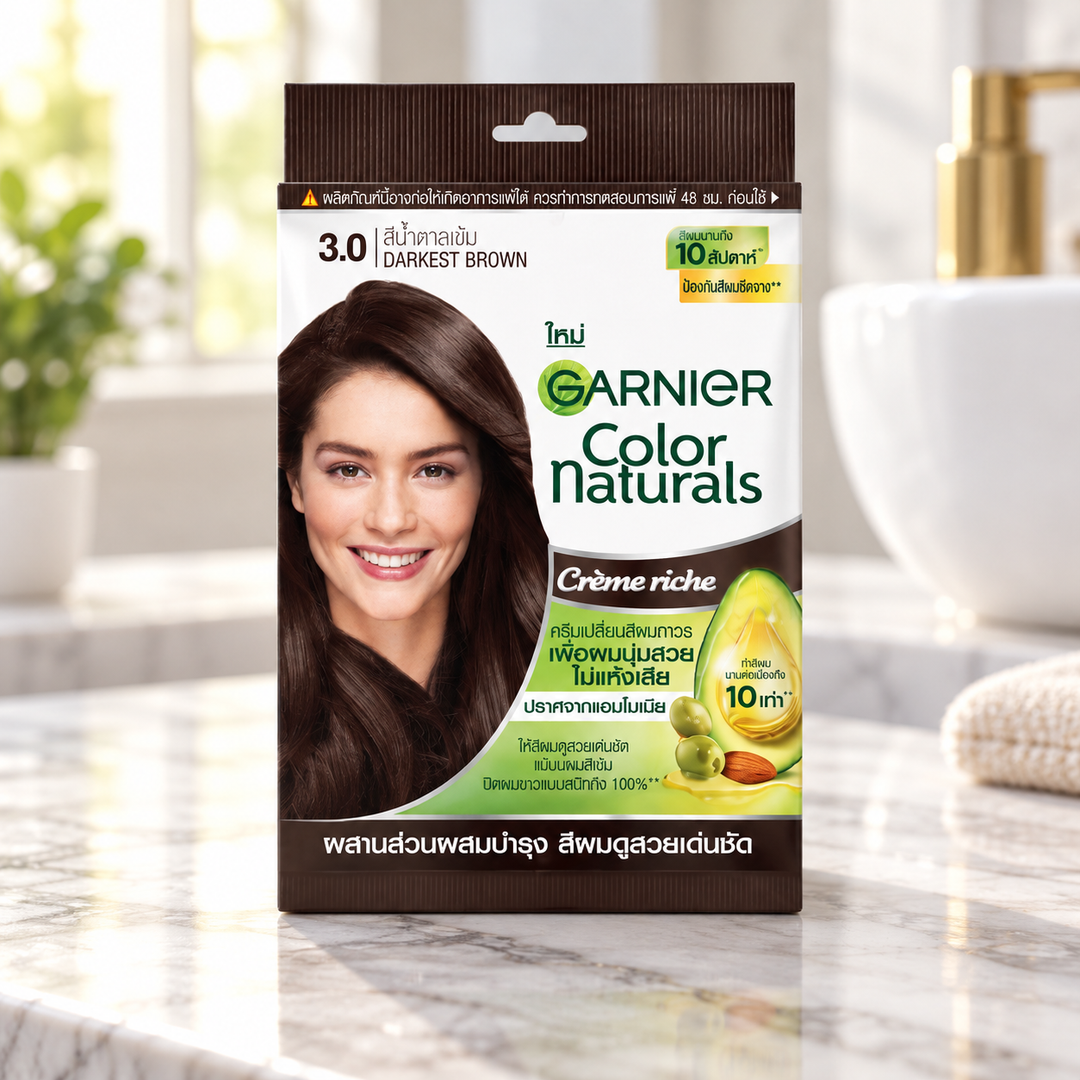 Garnier Color Naturals Crème Riche 3.0 Darkest Brown — retail packaging detail