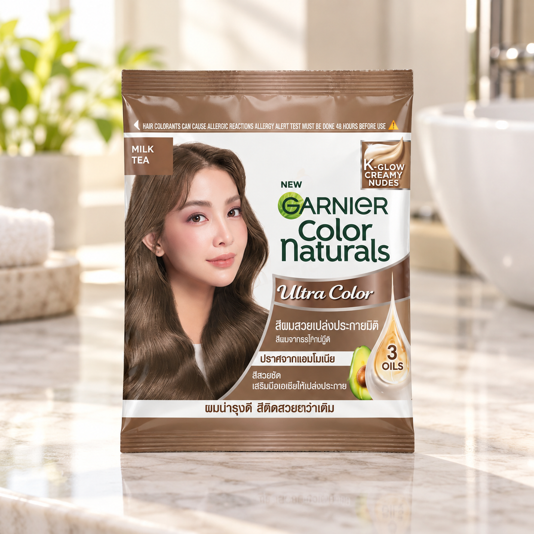 Garnier Color Naturals K-Glow Creamy Nudes Milk Tea — retail packaging detail