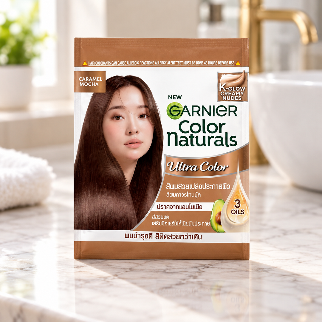 Garnier Color Naturals K-Glow Creamy Nudes Caramel Mocha — retail packaging detail
