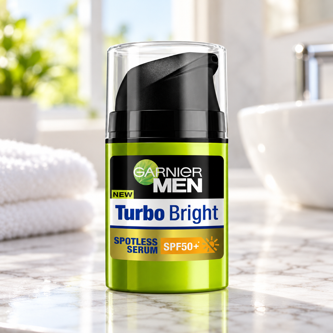 Garnier Men Turbo Bright Spotless Serum SPF50+ 40 ml — retail packaging detail