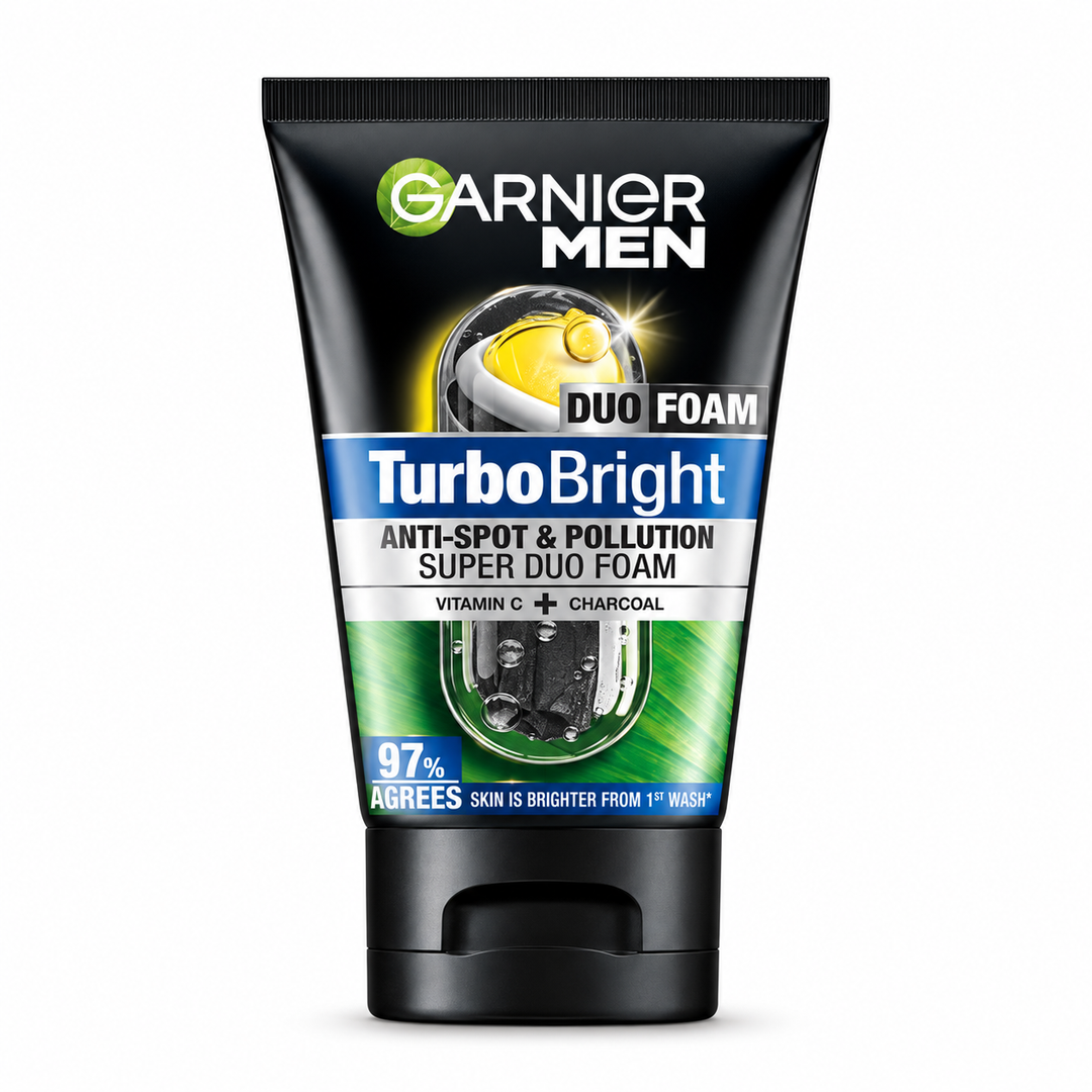Garnier Men Turbo Bright Super Duo Foam 100 ml on white background