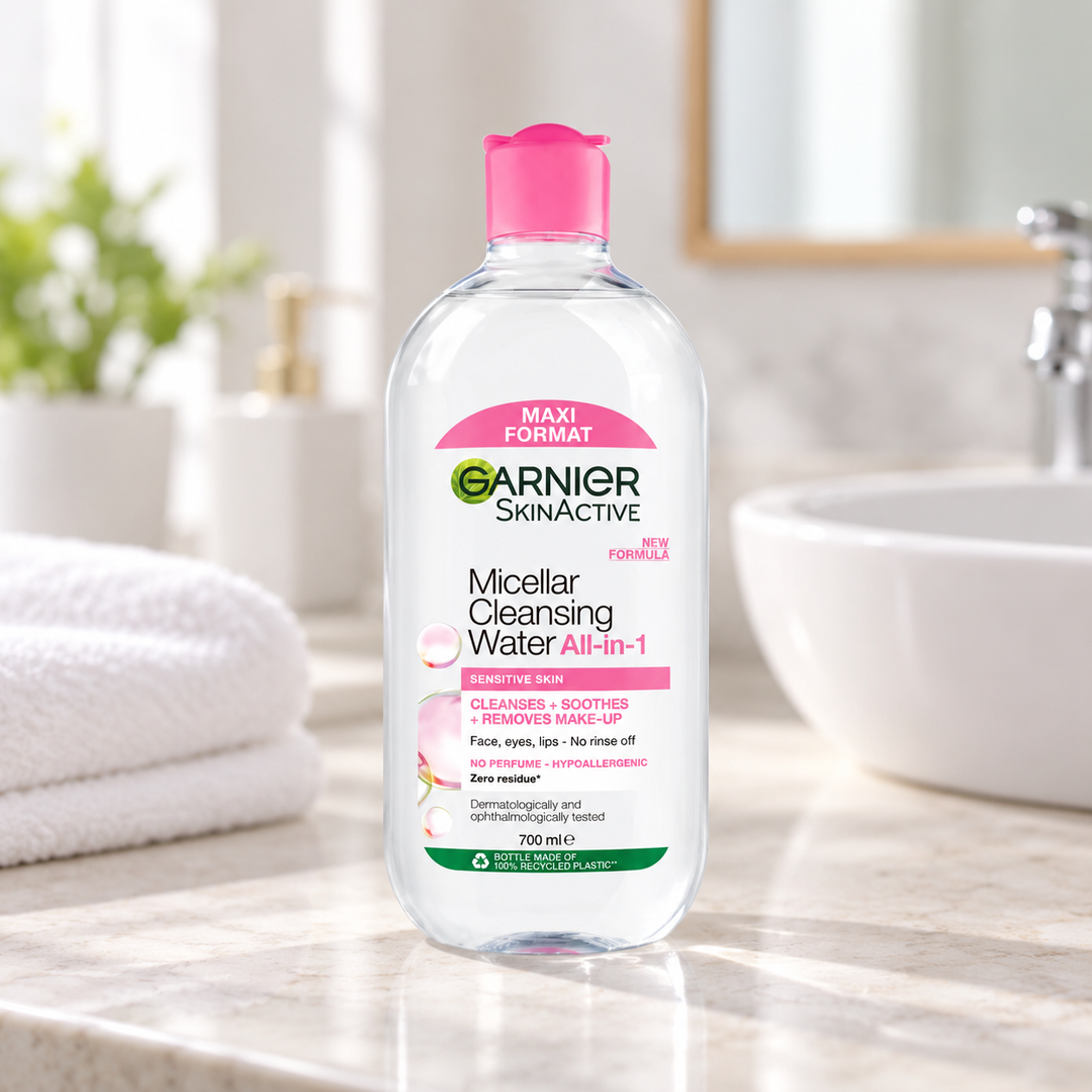 Garnier Micellar Cleansing Water Sensitive Skin Pink 700 ml — retail packaging detail