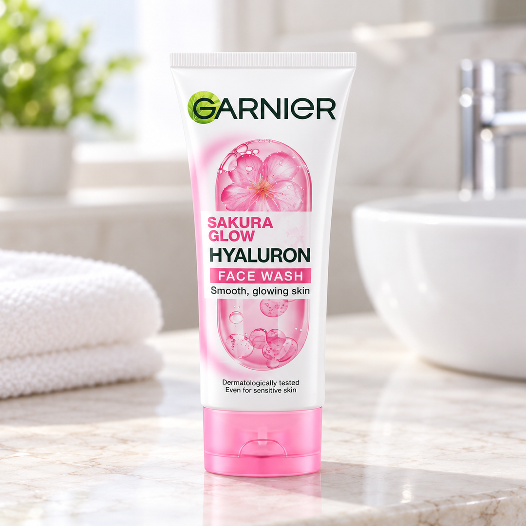 Garnier Sakura Glow Hyaluron Cleansing Foam 100 ml — retail packaging detail