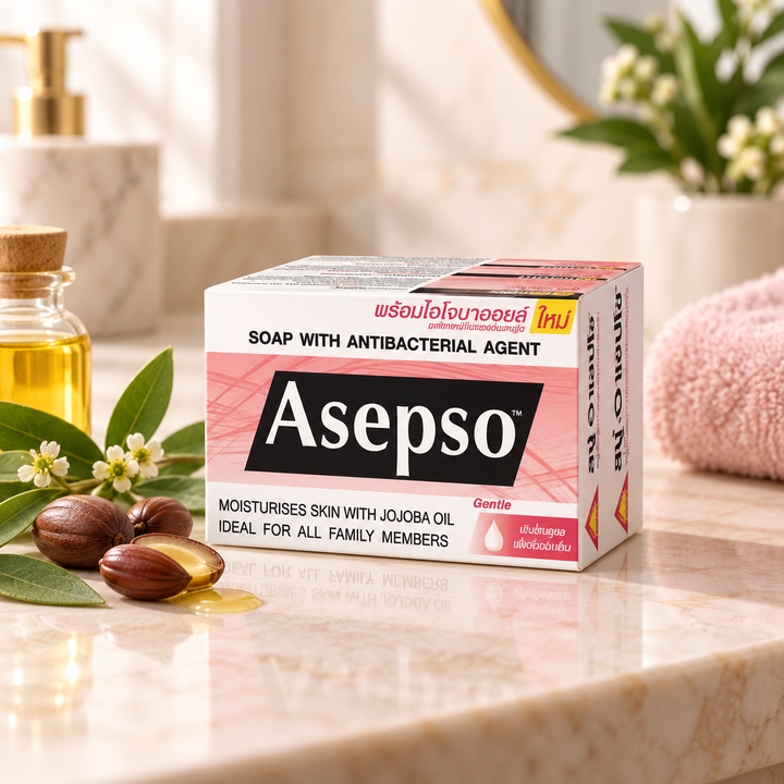 Asepso Gentle soap with jojoba oil bathroom setting