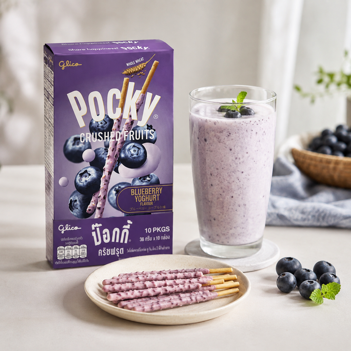 Glico Pocky Blueberry Yoghurt served with blueberries
