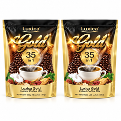 Luxica Gold 35-in-1 Instant Coffee Mix — 2 × 300 g (15 Sachets per Pouch) — exactly 2 separate retail units on a white background
