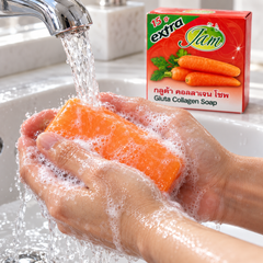 JAM Carrot Gluta Collagen soap lathered under running water