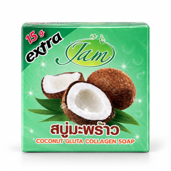 One JAM Coconut Gluta Collagen 65 g soap box on white