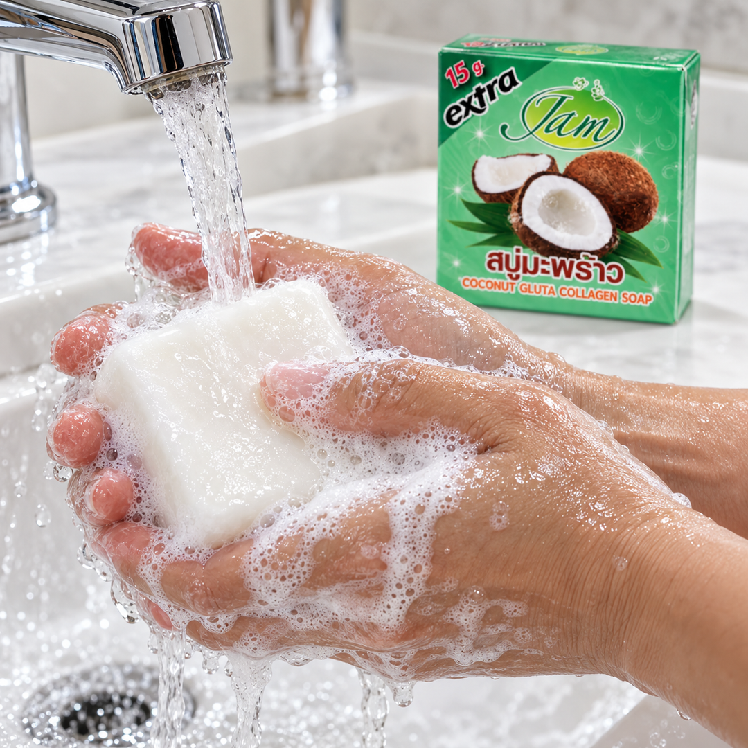 JAM Coconut Gluta Collagen soap lathered under running water