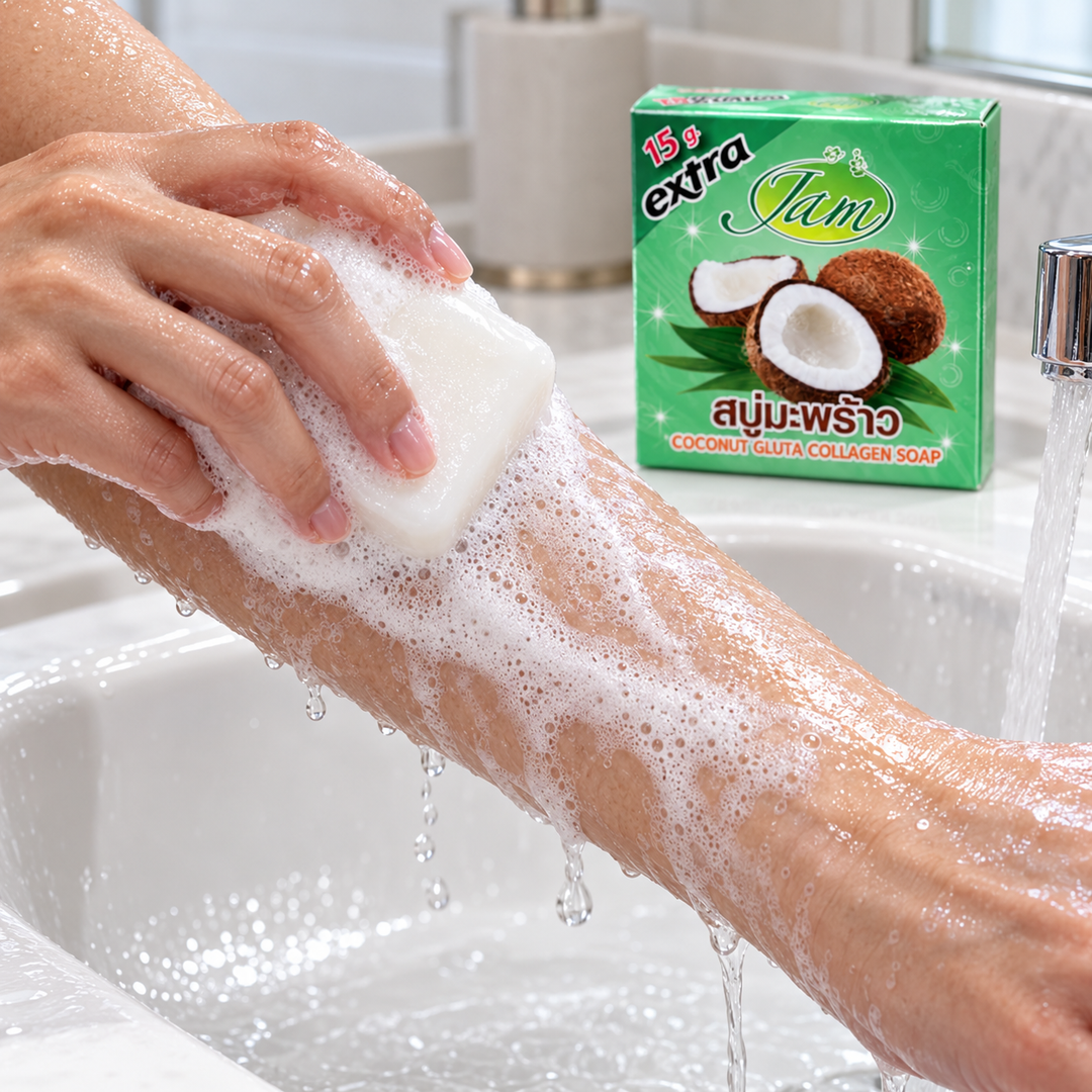 JAM Coconut Gluta Collagen soap used on wet skin