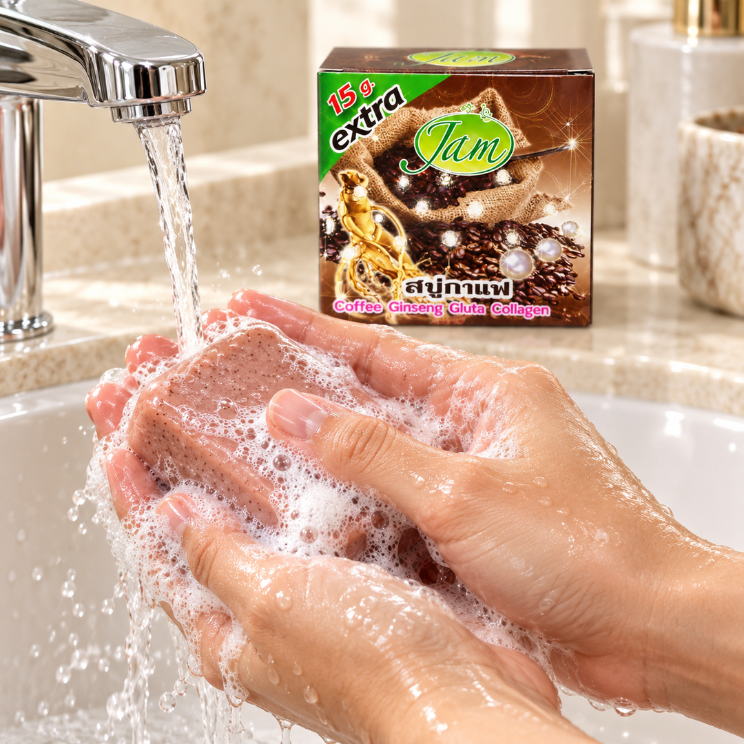 JAM Coffee Soap lathered under running water