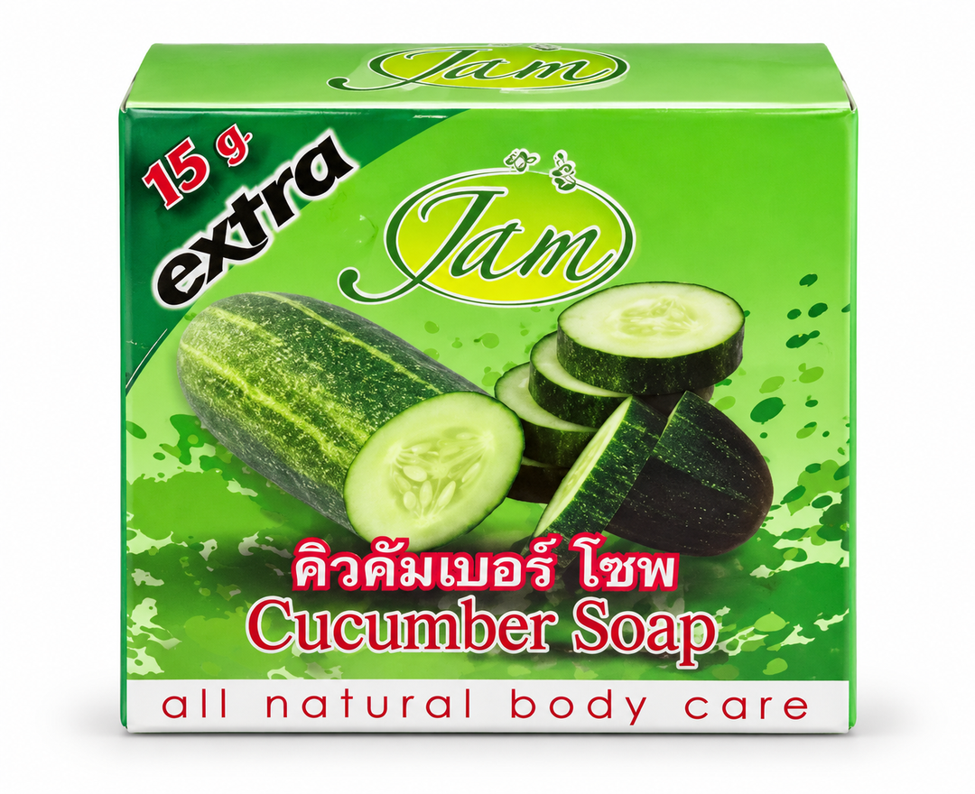 One JAM Q-Kumber Cucumber Soap 65 g box on white