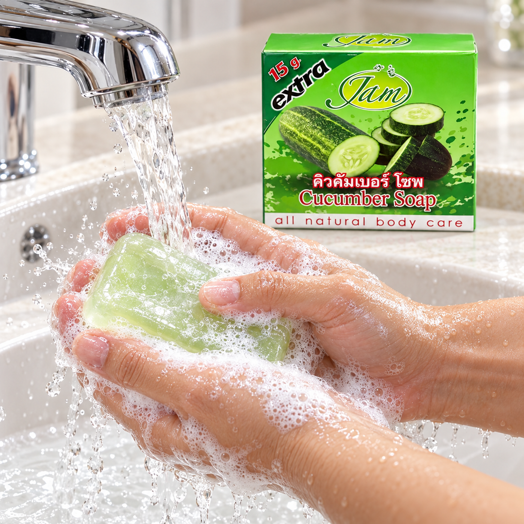 JAM Q-Kumber Cucumber Soap lathered under running water
