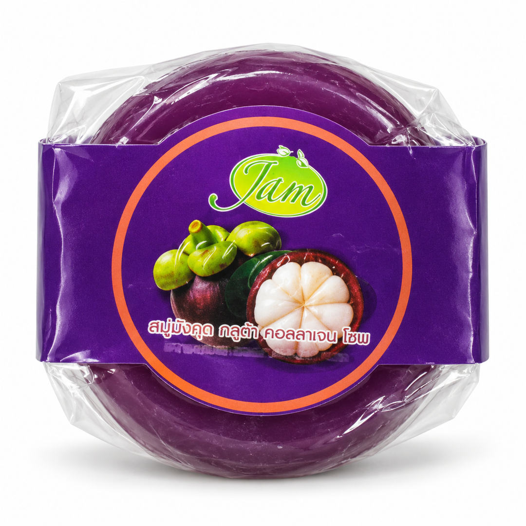 JAM Mangosteen Gluta Collagen Soap, one 160 g round bar on white