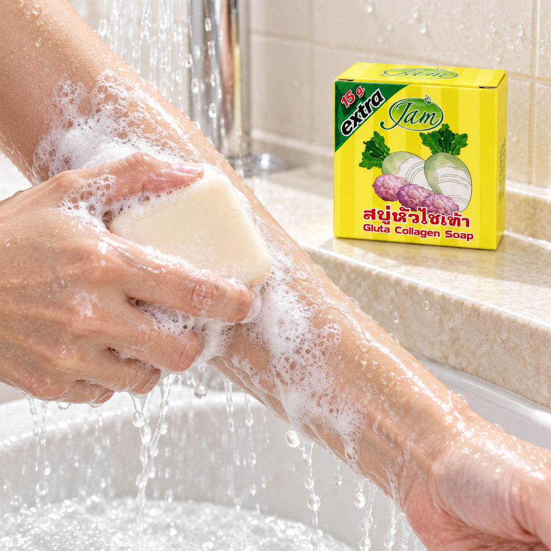 JAM Radish Gluta Collagen Soap used on a wet forearm