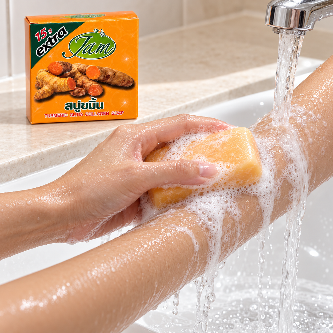 JAM Turmeric Gluta Collagen Soap used on a wet forearm