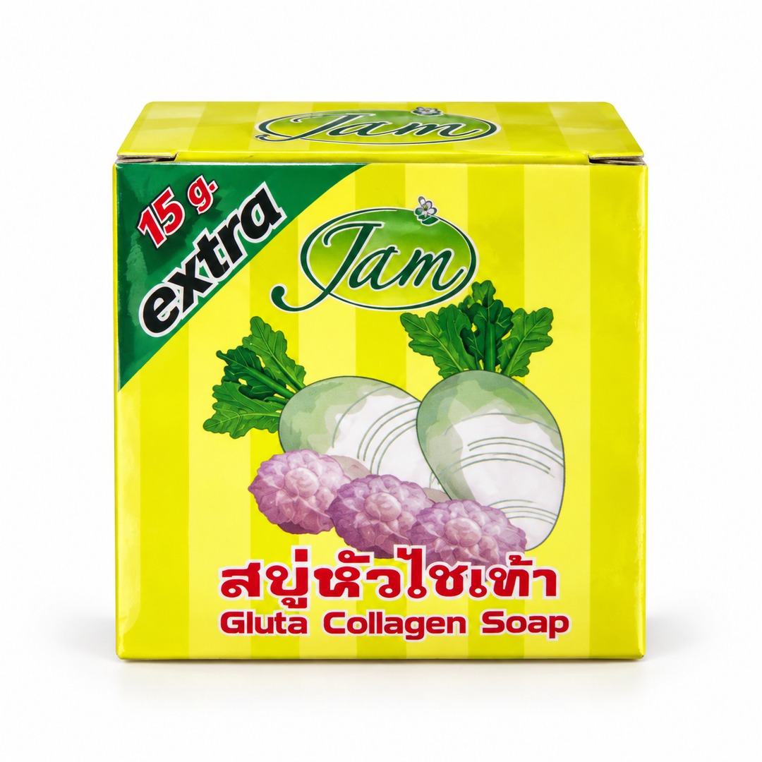 One JAM Radish Gluta Collagen 65 g soap box on white
