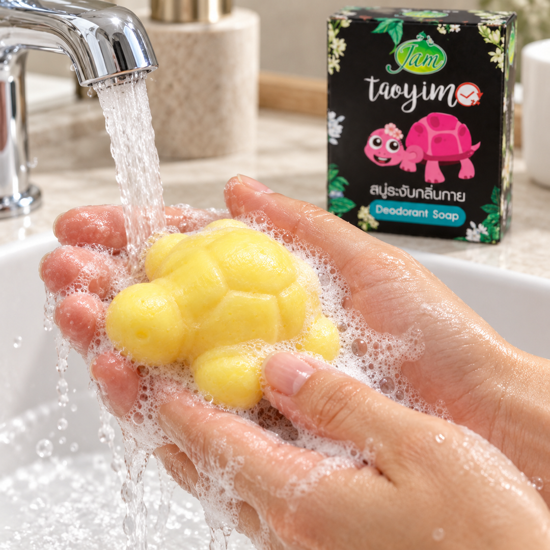 JAM Smiling Turtle soap lathered under running water