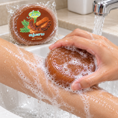 JAM Tamarind Gluta Collagen round soap used on wet skin