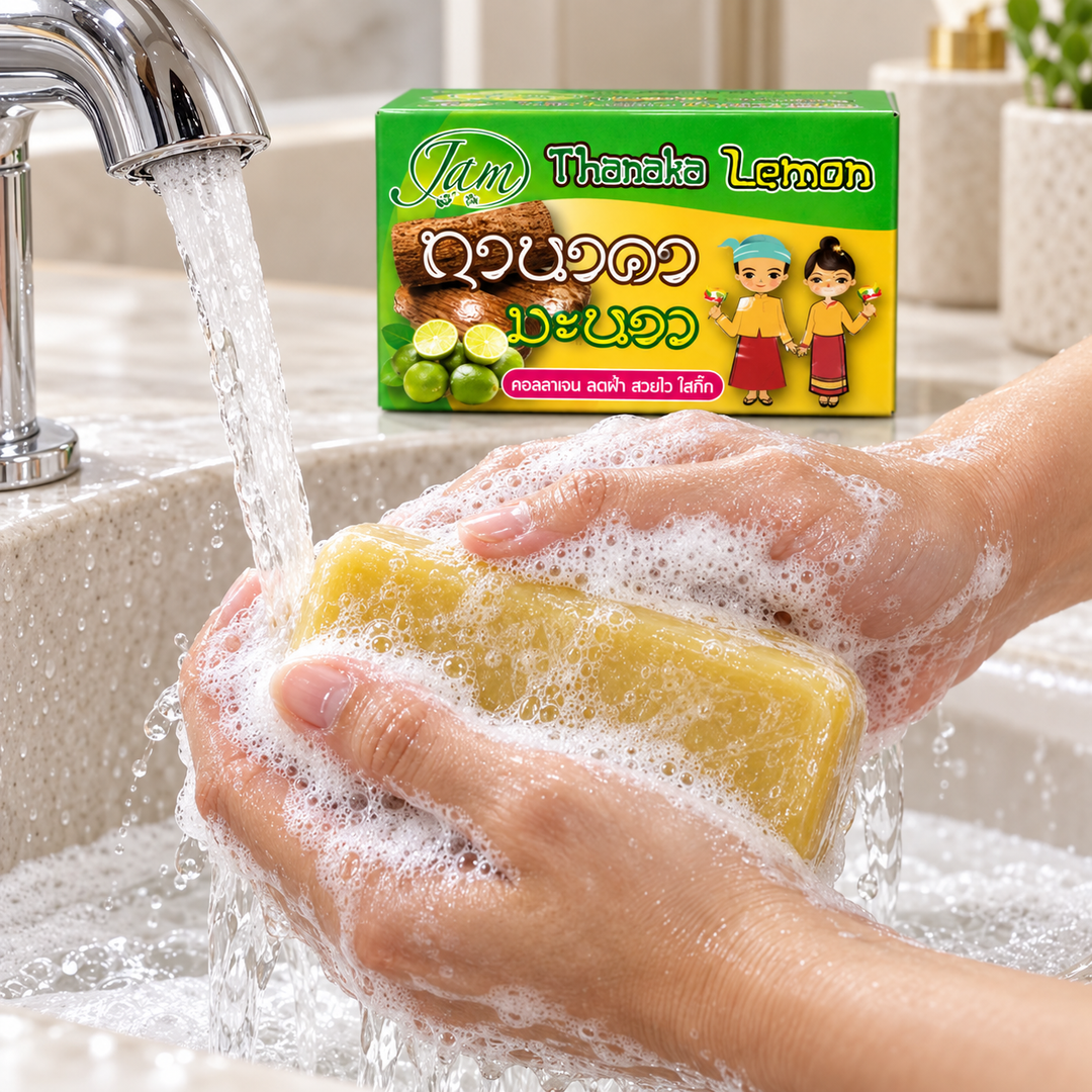 JAM Thanaka Lemon Facial Soap lathered under running water