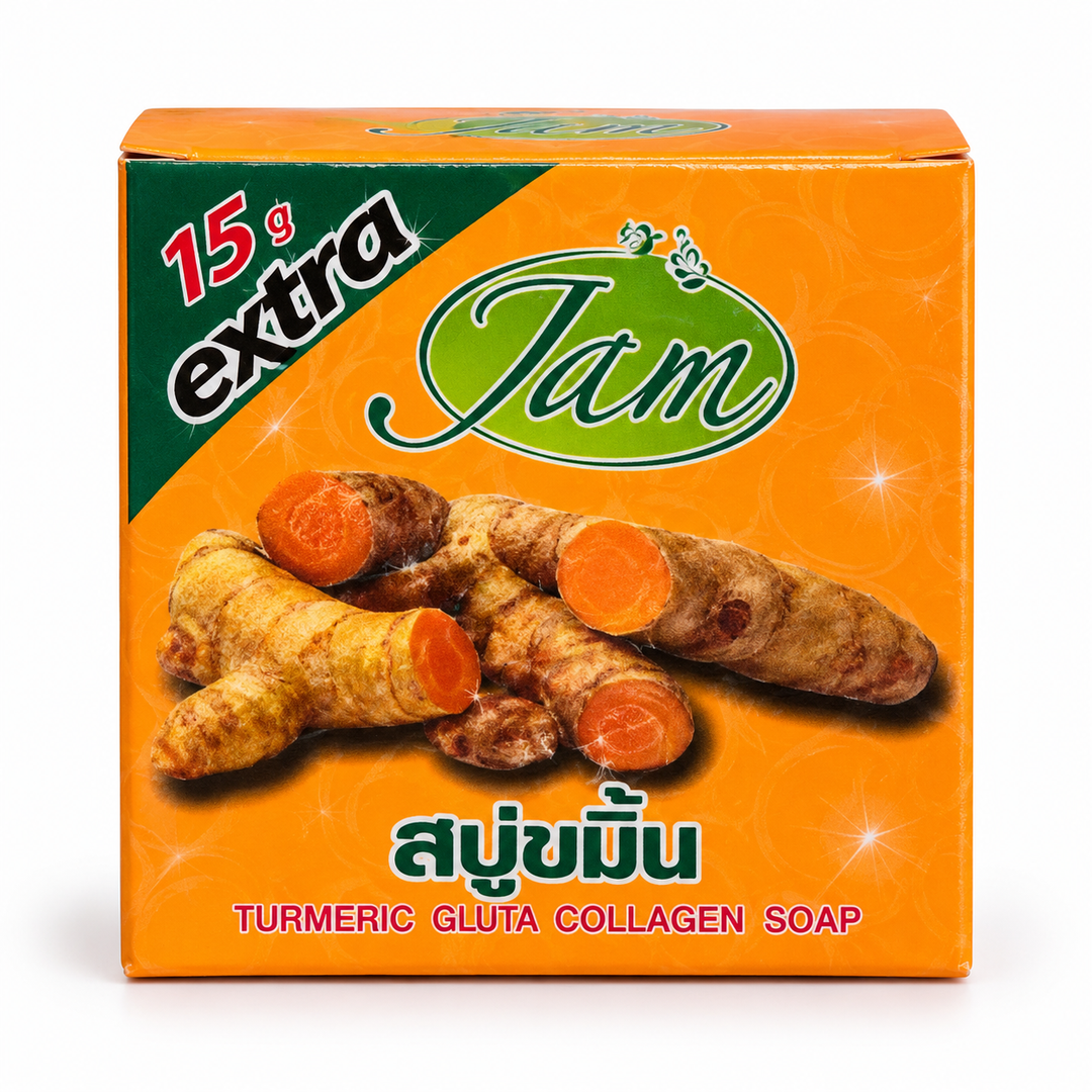 One JAM Turmeric Gluta Collagen 70 g soap box on white