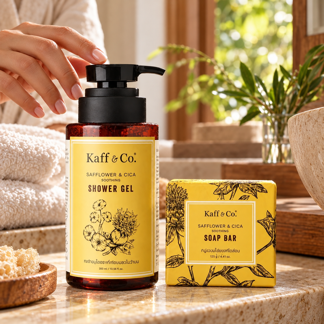 Kaff & Co Safflower & Cica Bath Set — Shower Gel 300 ml & Soap 125 g — 2 Sets — lifestyle 2