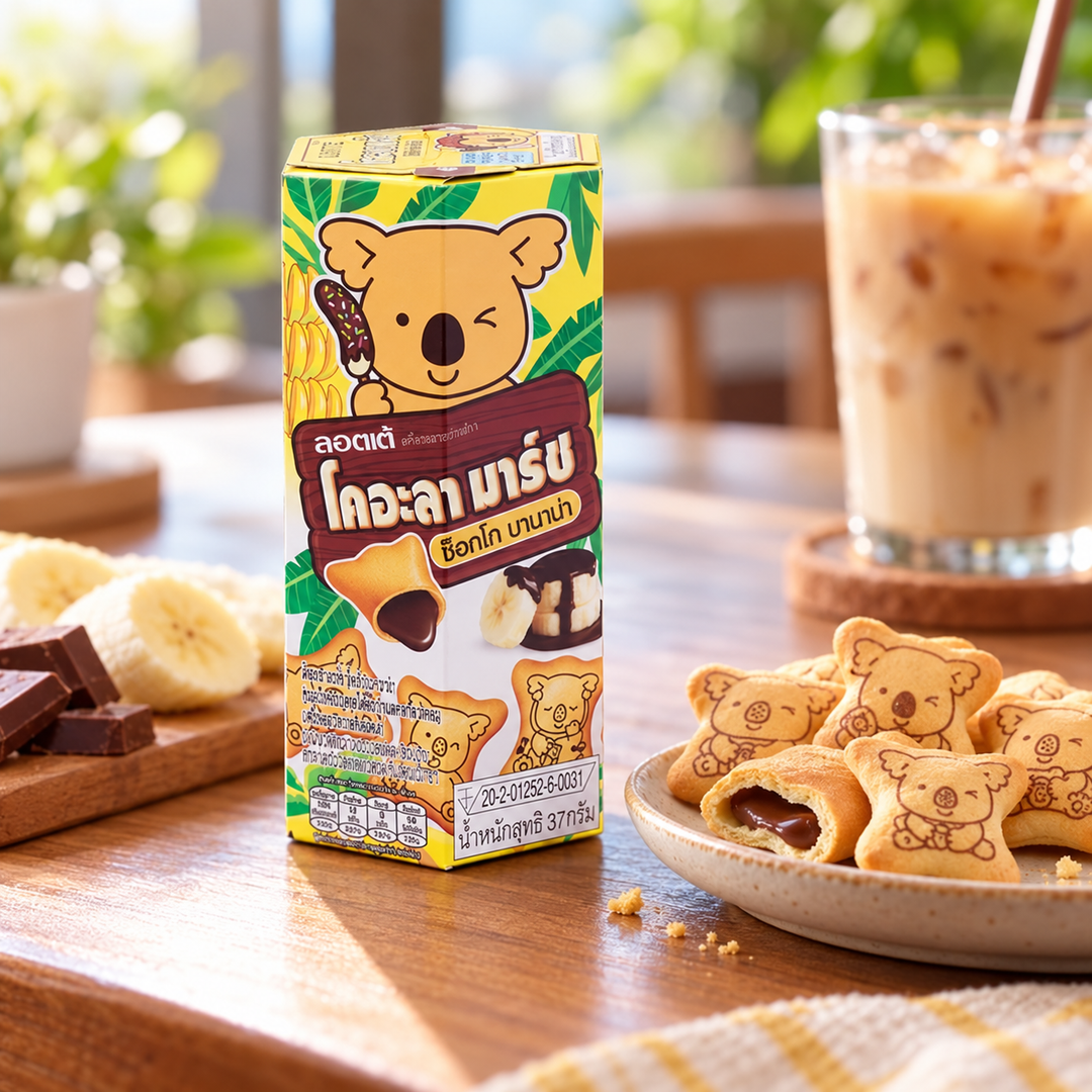 Lotte Koala's March Choco Banana Biscuits — 9 × 37 g — lifestyle photograph