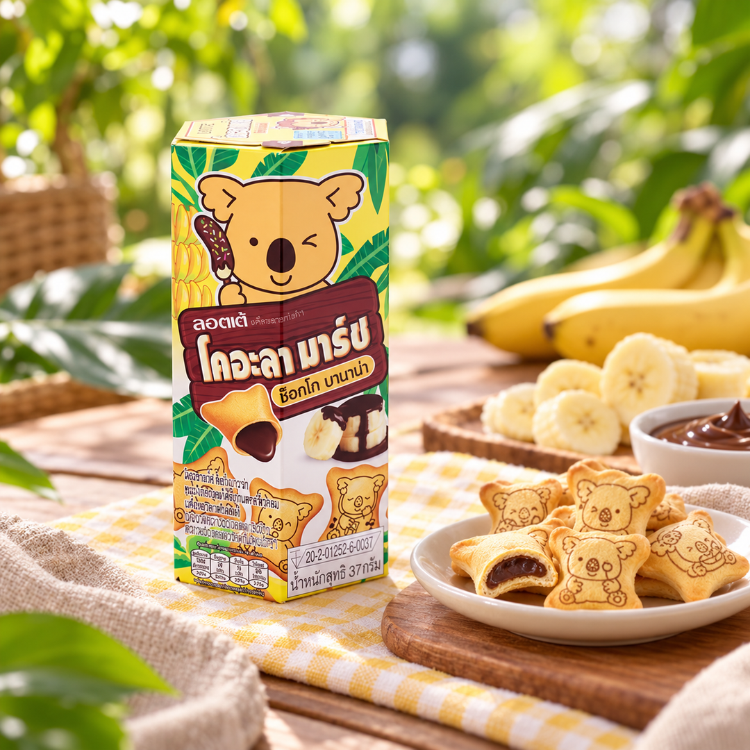 Lotte Koala's March Choco Banana Biscuits — 9 × 37 g — lifestyle photograph