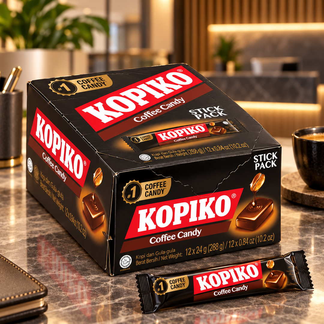 Kopiko Coffee Candy Stick Pack Display — lifestyle presentation